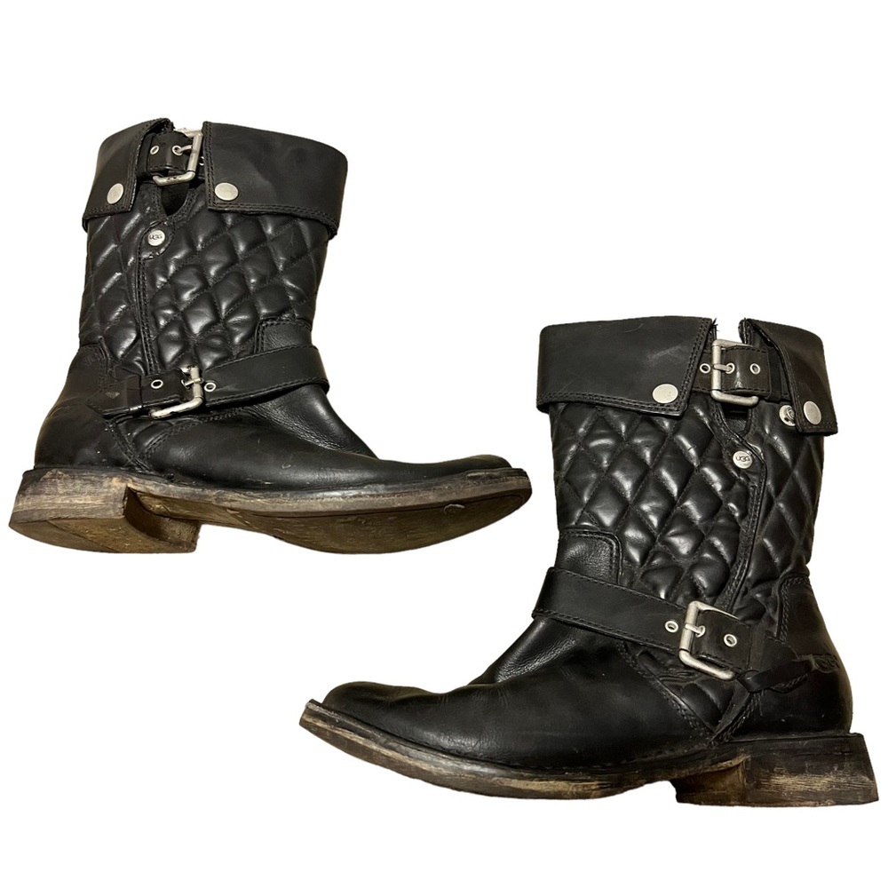 Ugg Australia Womens Black Conor Moto Boots size 6.5 Leather Side Zip 1001832 - Picture 5 of 11
